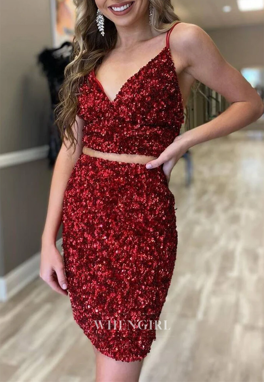 Sheath Sleeveless V Neck Sequins Lace Up Spaghetti Straps Homecoming Dress