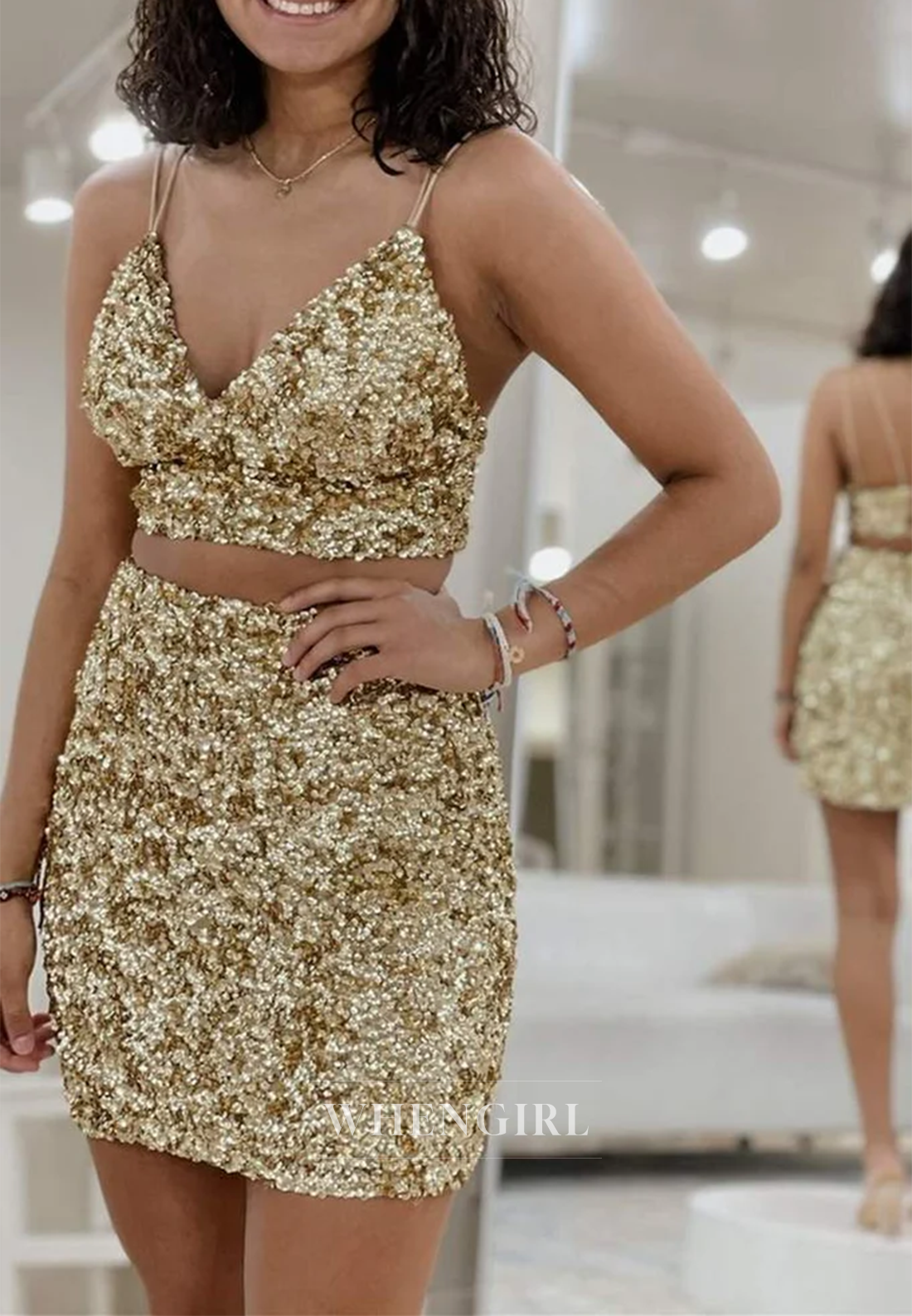 Sheath Sleeveless V Neck Sequins Lace Up Spaghetti Straps Homecoming Dress