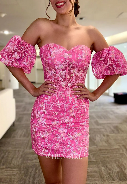 Sweetheart Short Puff Sleeves Beaded Sheath Lace Up Shortcoming Dress