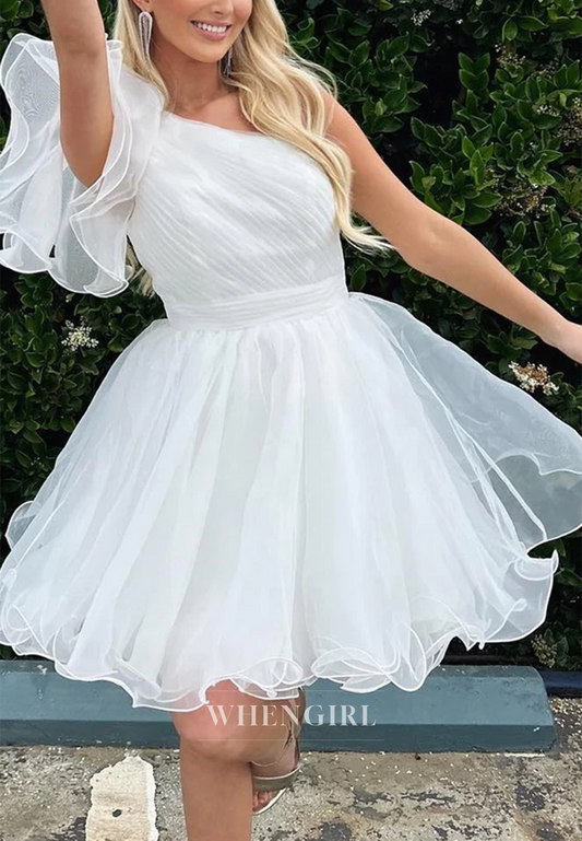 A-Line Pleated One Shoulder Ruffles Short Homecoming Dress