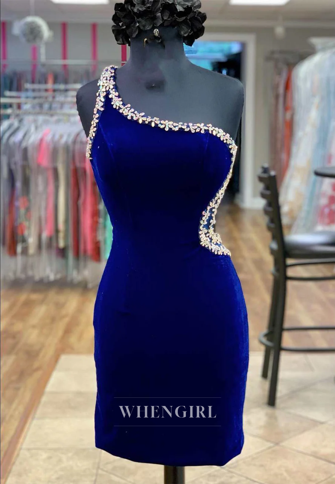 Sheath Velvet One Shoulder Beaded Cut Out Back Sleeveless Short Homecoming Dress
