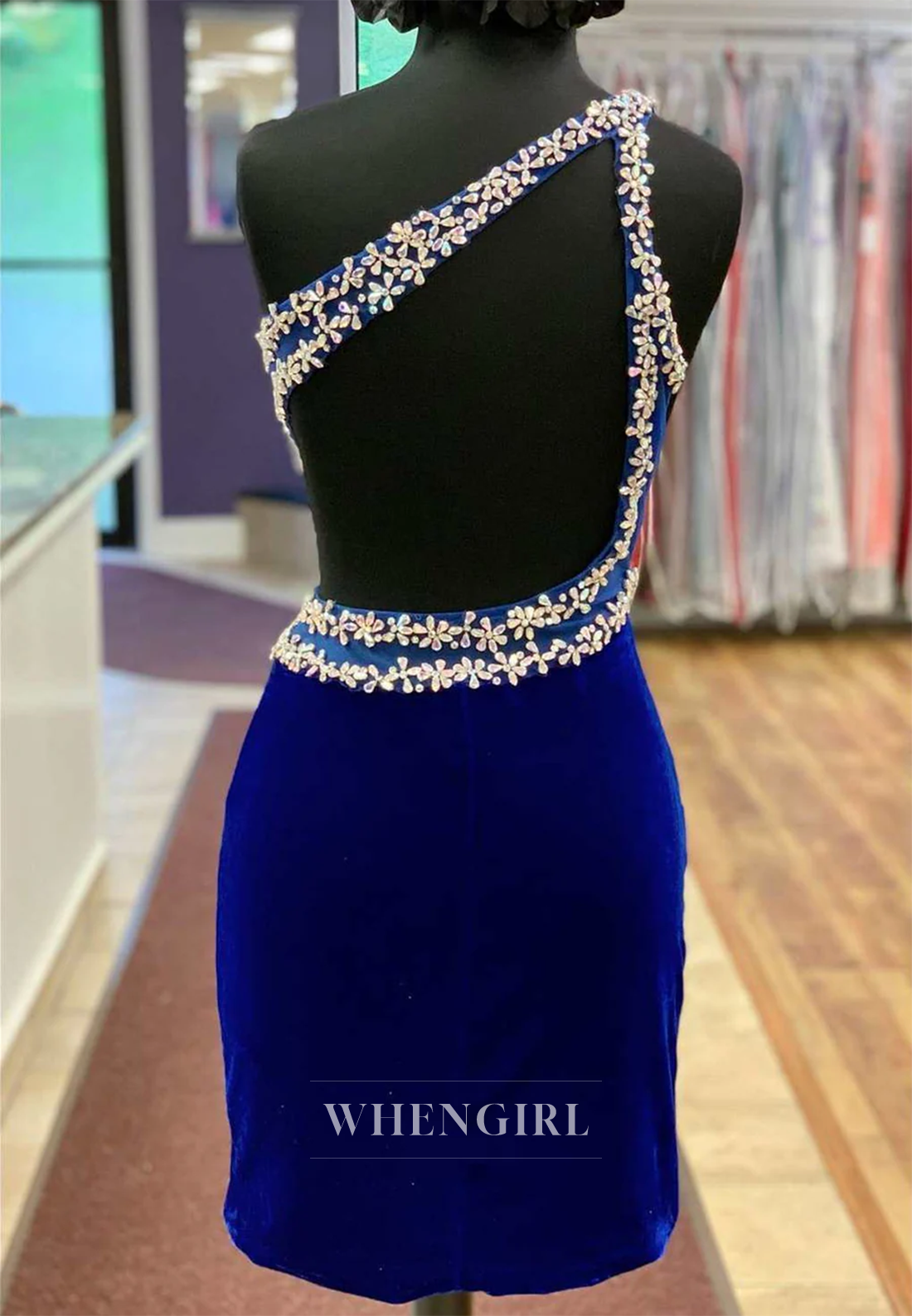 Sheath Velvet One Shoulder Beaded Cut Out Back Sleeveless Short Homecoming Dress