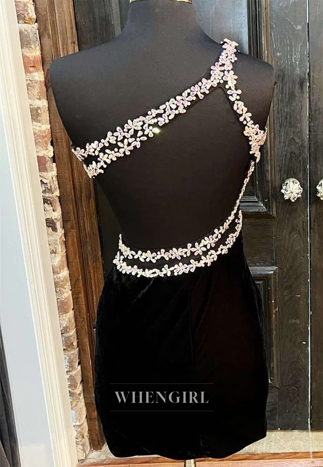 Sheath Velvet One Shoulder Beaded Cut Out Back Sleeveless Short Homecoming Dress