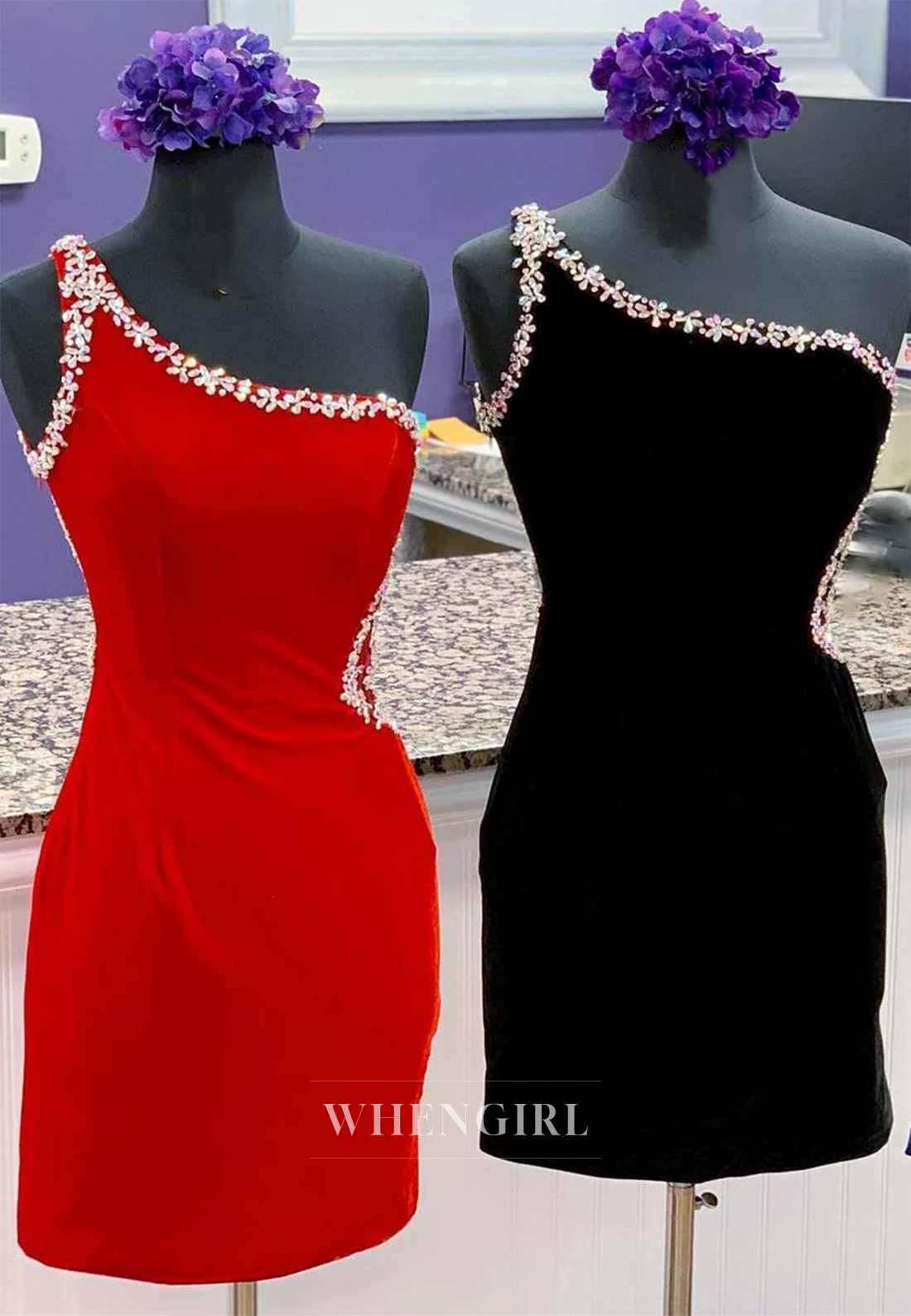 Sheath Velvet One Shoulder Beaded Cut Out Back Sleeveless Short Homecoming Dress