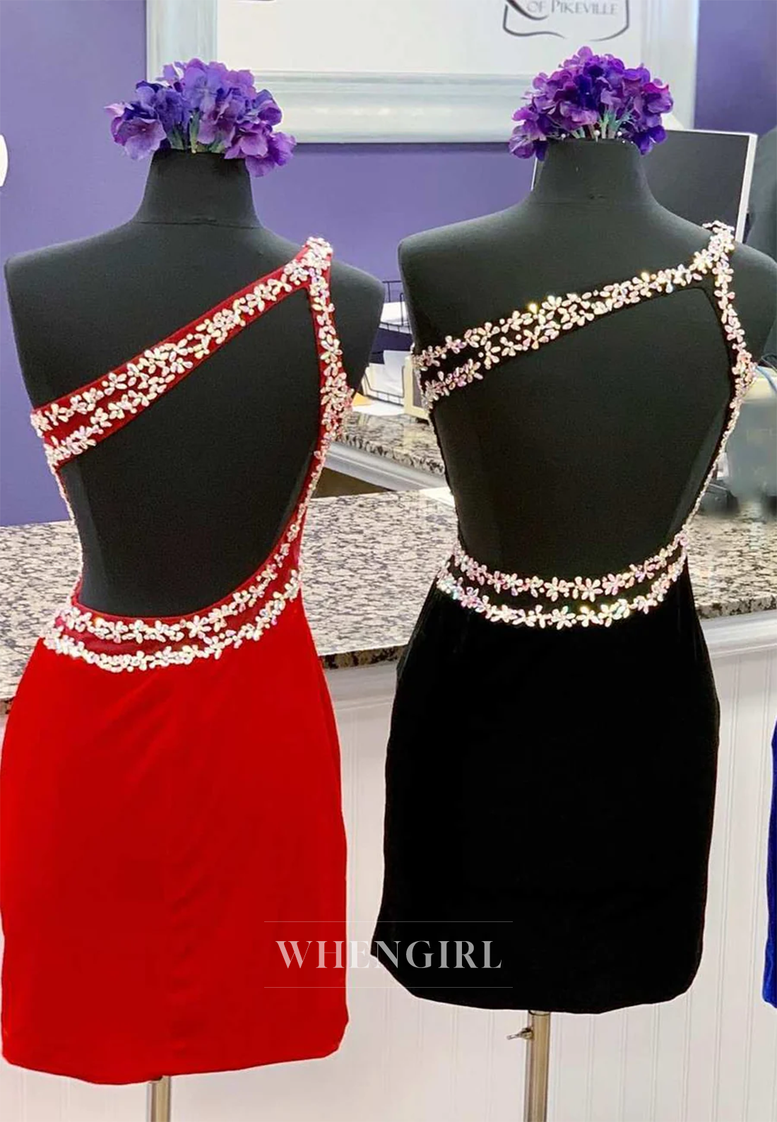 Sheath Velvet One Shoulder Beaded Cut Out Back Sleeveless Short Homecoming Dress