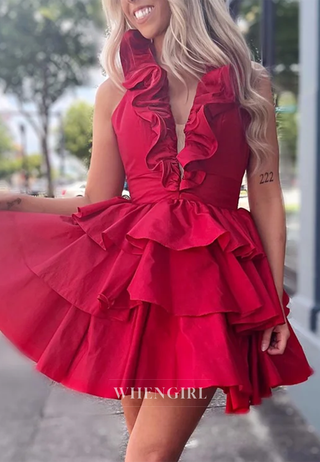 A-Line V Neck Sleeveless Multi Tiered Ruffles Short Homecoming Dress