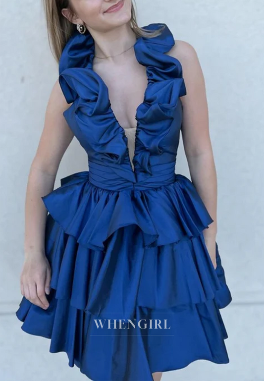 A-Line V Neck Sleeveless Multi Tiered Ruffles Short Homecoming Dress