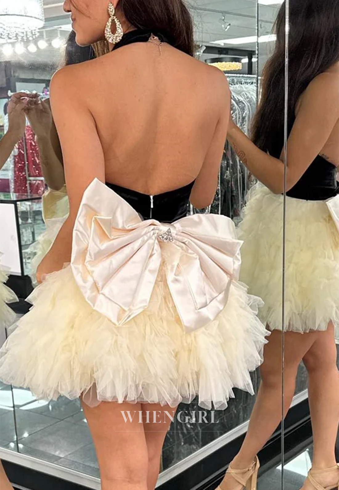 Low V Neck Multi Tiered Bowknot Sleeveless Halter A-Line Homecoming Dress