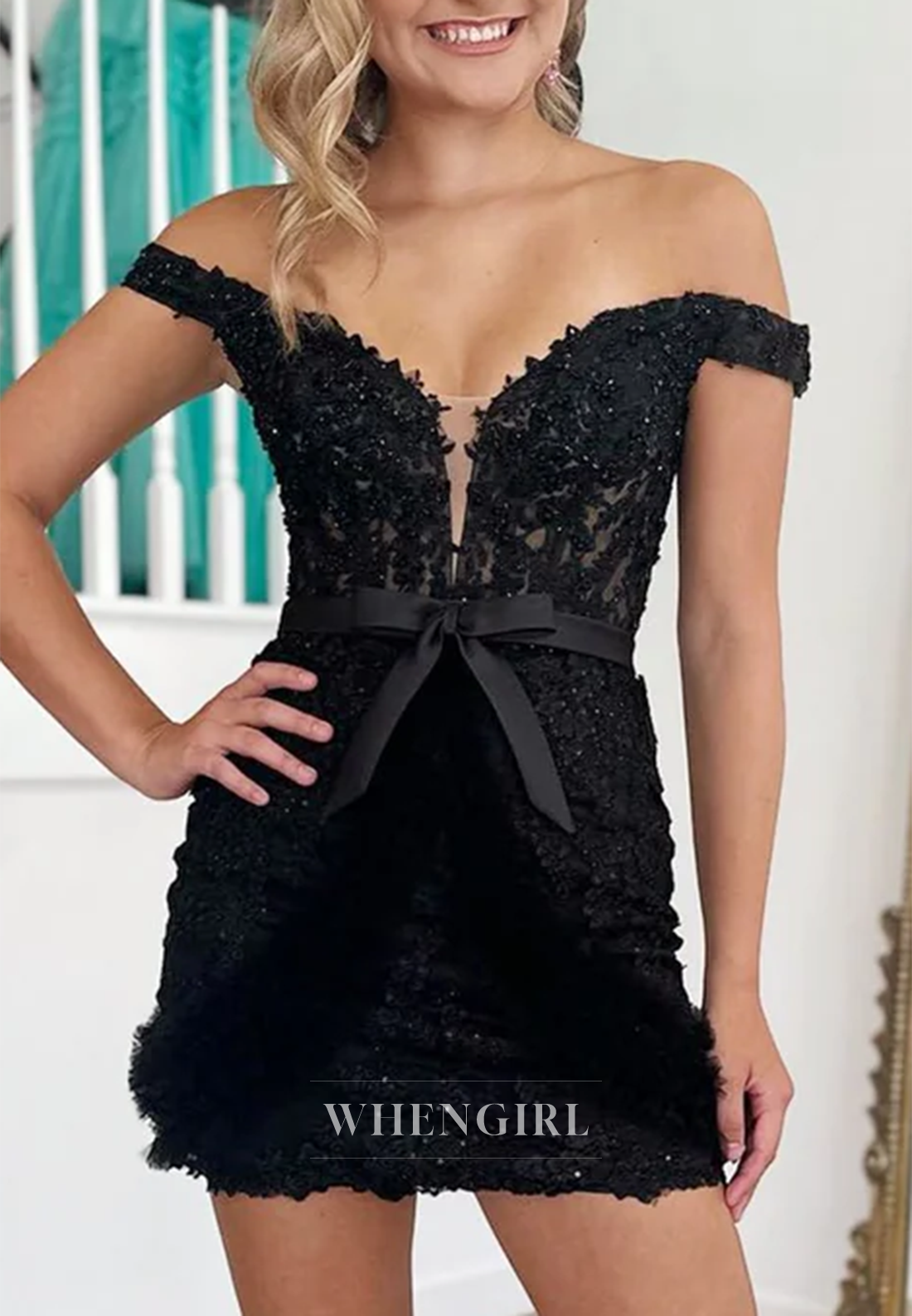Black V Neck Off Shoulder Appliqued Lace Bowknot Sheath Short Homecoming Dress