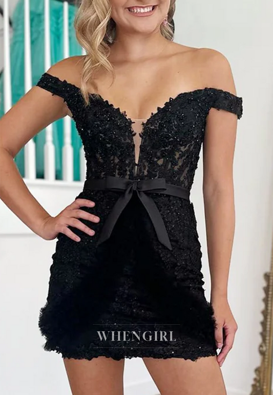 Black V Neck Off Shoulder Appliqued Lace Bowknot Sheath Short Homecoming Dress