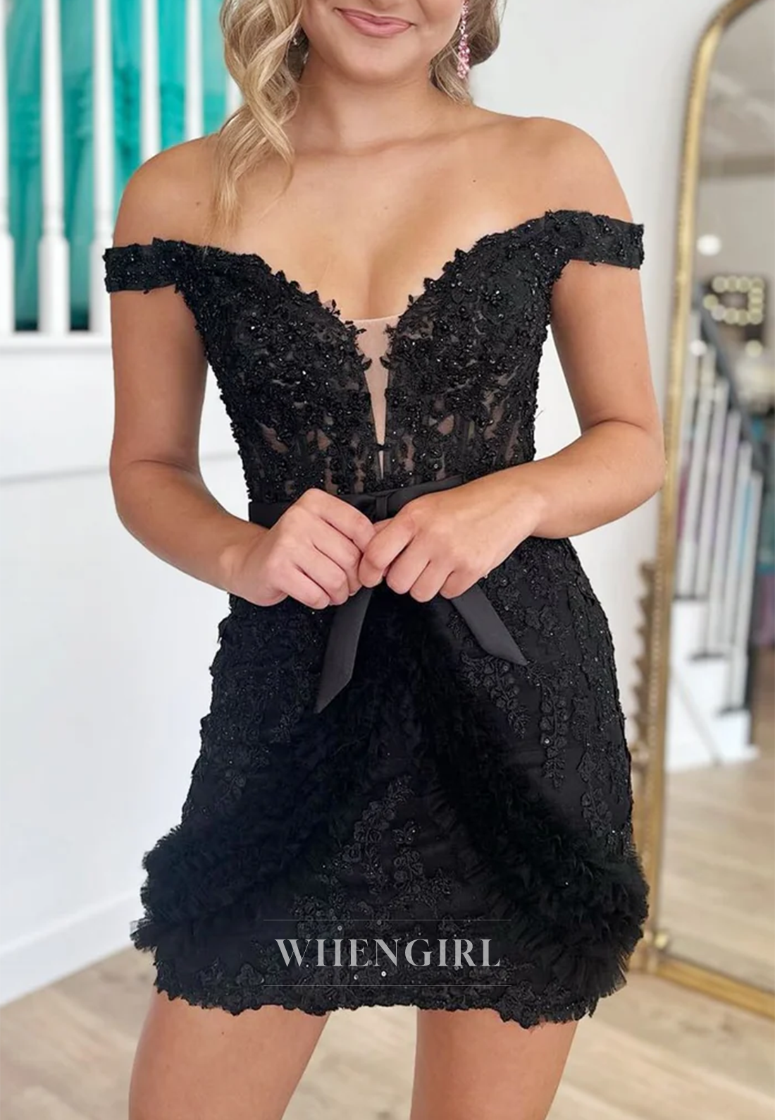 Black V Neck Off Shoulder Appliqued Lace Bowknot Sheath Short Homecoming Dress