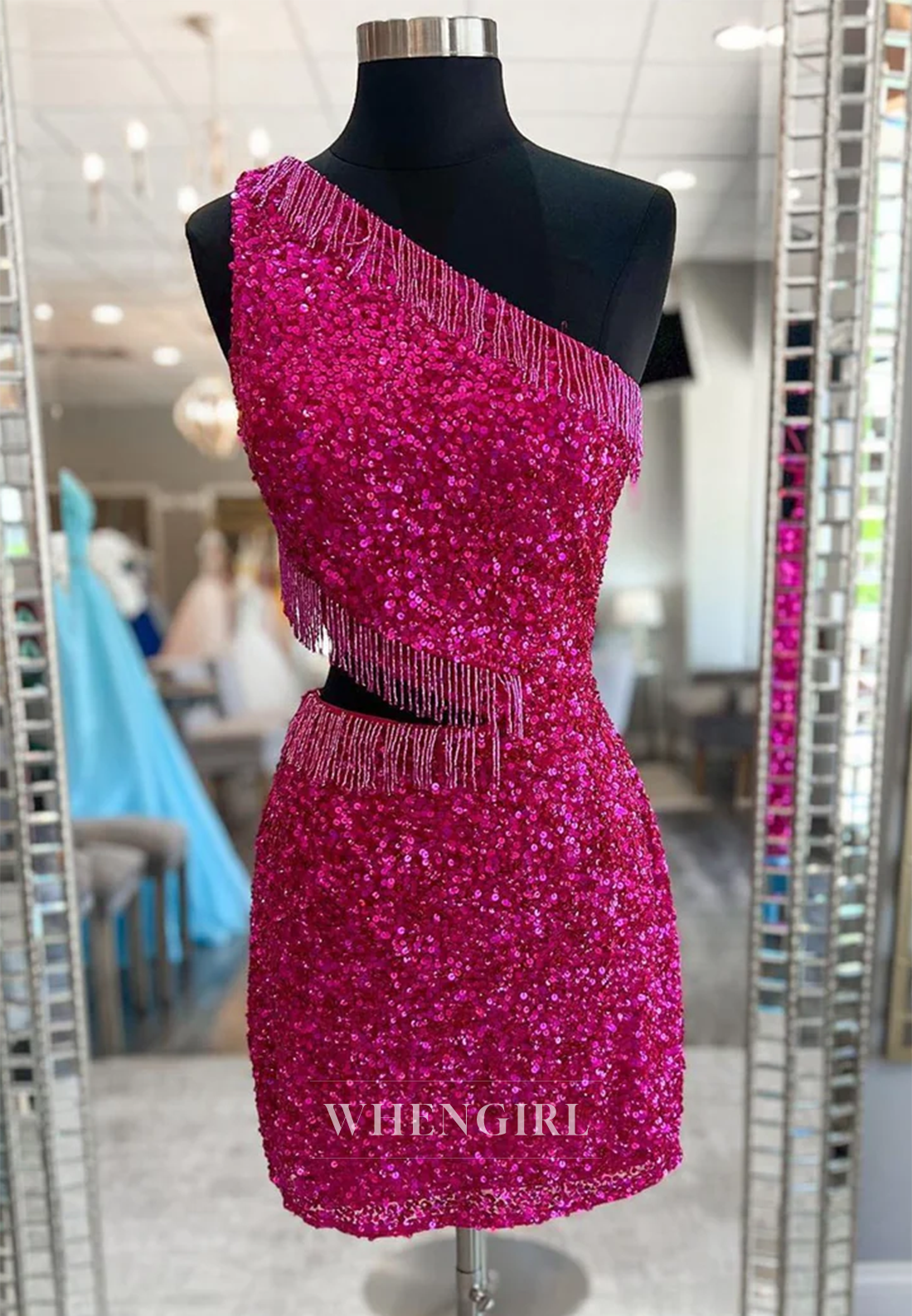 Sheath One Shoulder Cut Out Sequins Tassel Cross Back Short Homecoming Dress