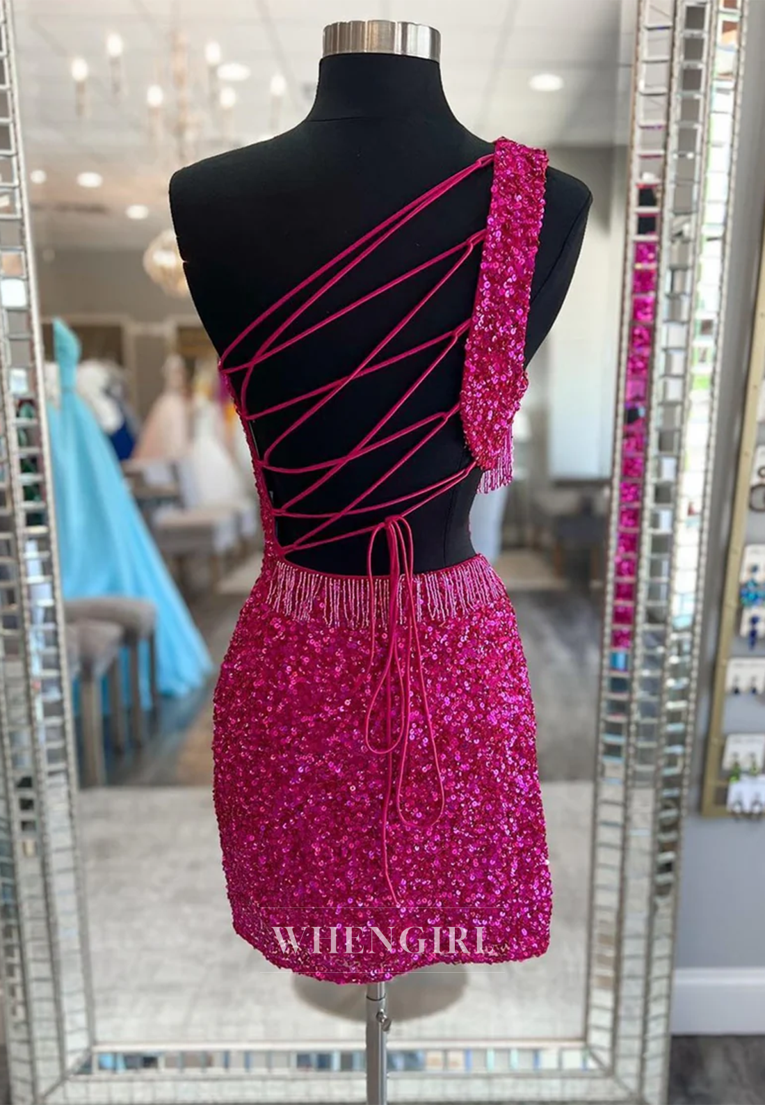 Sheath One Shoulder Cut Out Sequins Tassel Cross Back Short Homecoming Dress