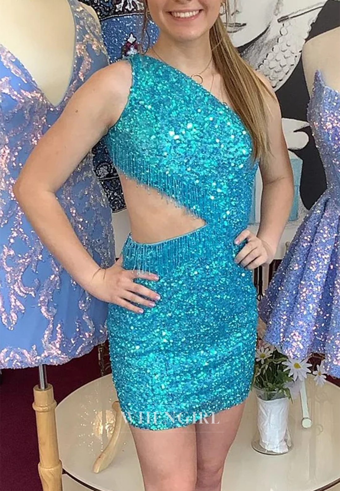 Sheath One Shoulder Cut Out Sequins Tassel Cross Back Short Homecoming Dress