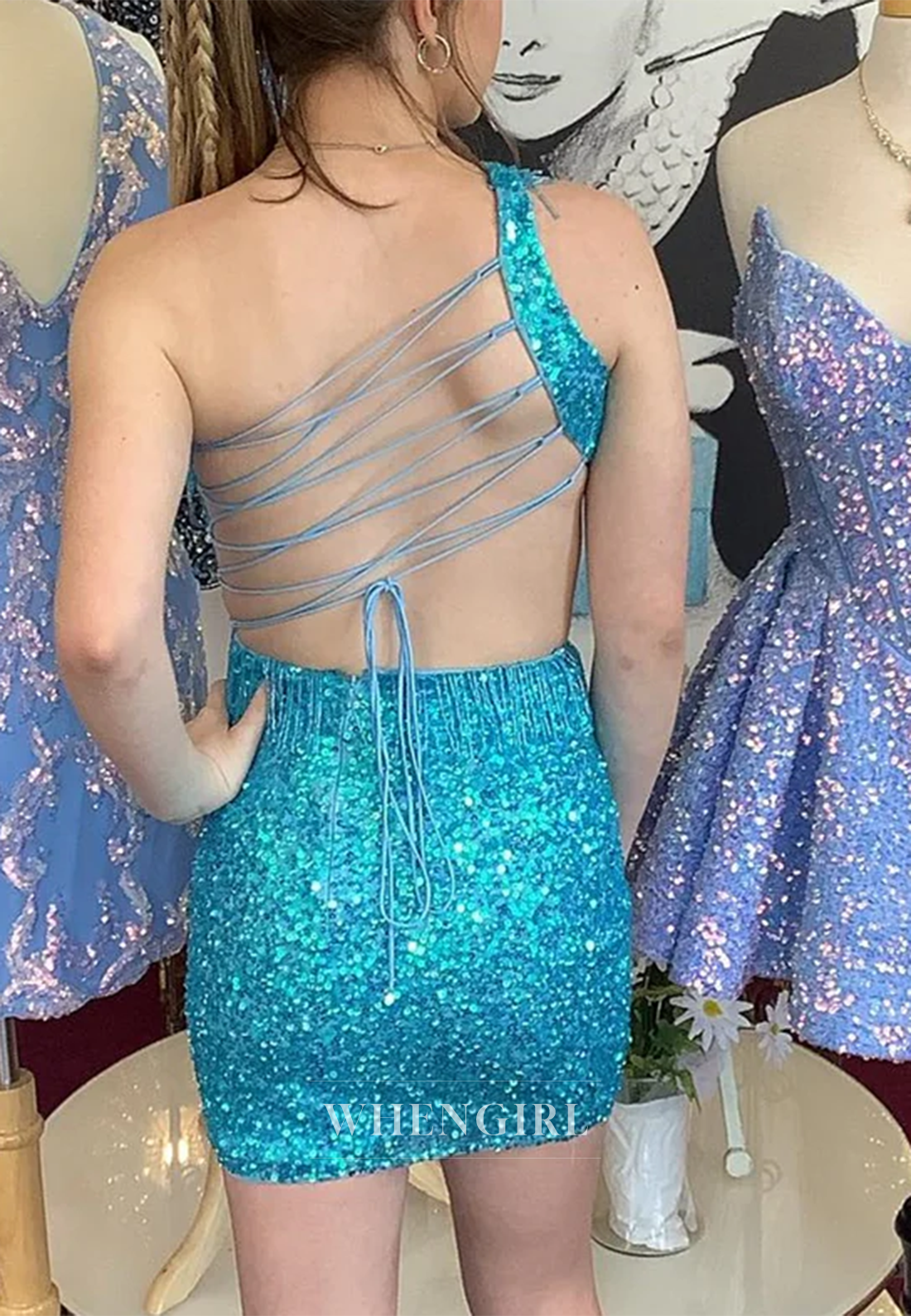 Sheath One Shoulder Cut Out Sequins Tassel Cross Back Short Homecoming Dress