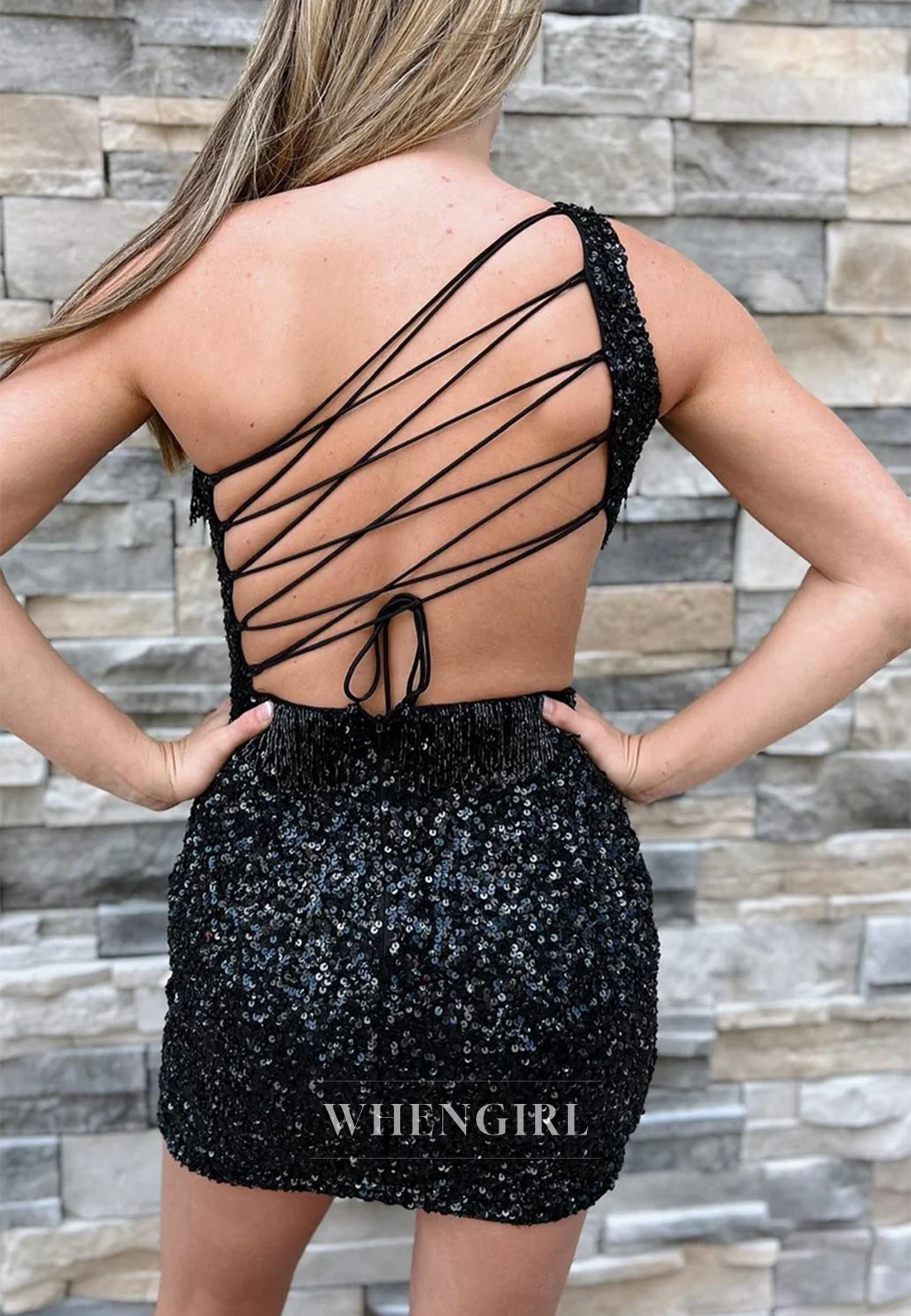 Sheath One Shoulder Cut Out Sequins Tassel Cross Back Short Homecoming Dress