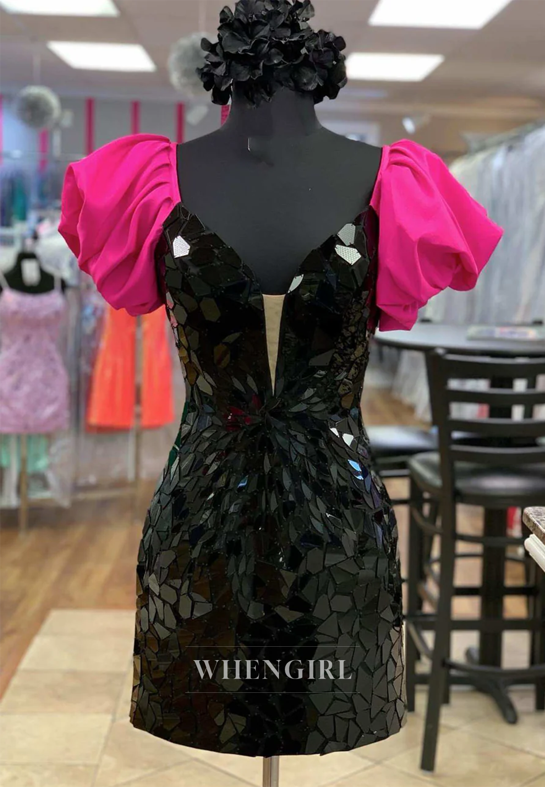 Sheath V Neck Cut Glass Mirro Short Puff Sleeves Back Zipper Homecoming Dress