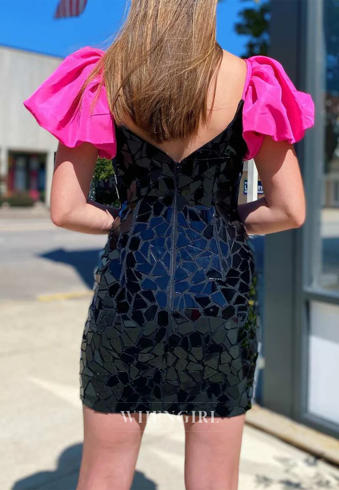 Sheath V Neck Cut Glass Mirro Short Puff Sleeves Back Zipper Homecoming Dress