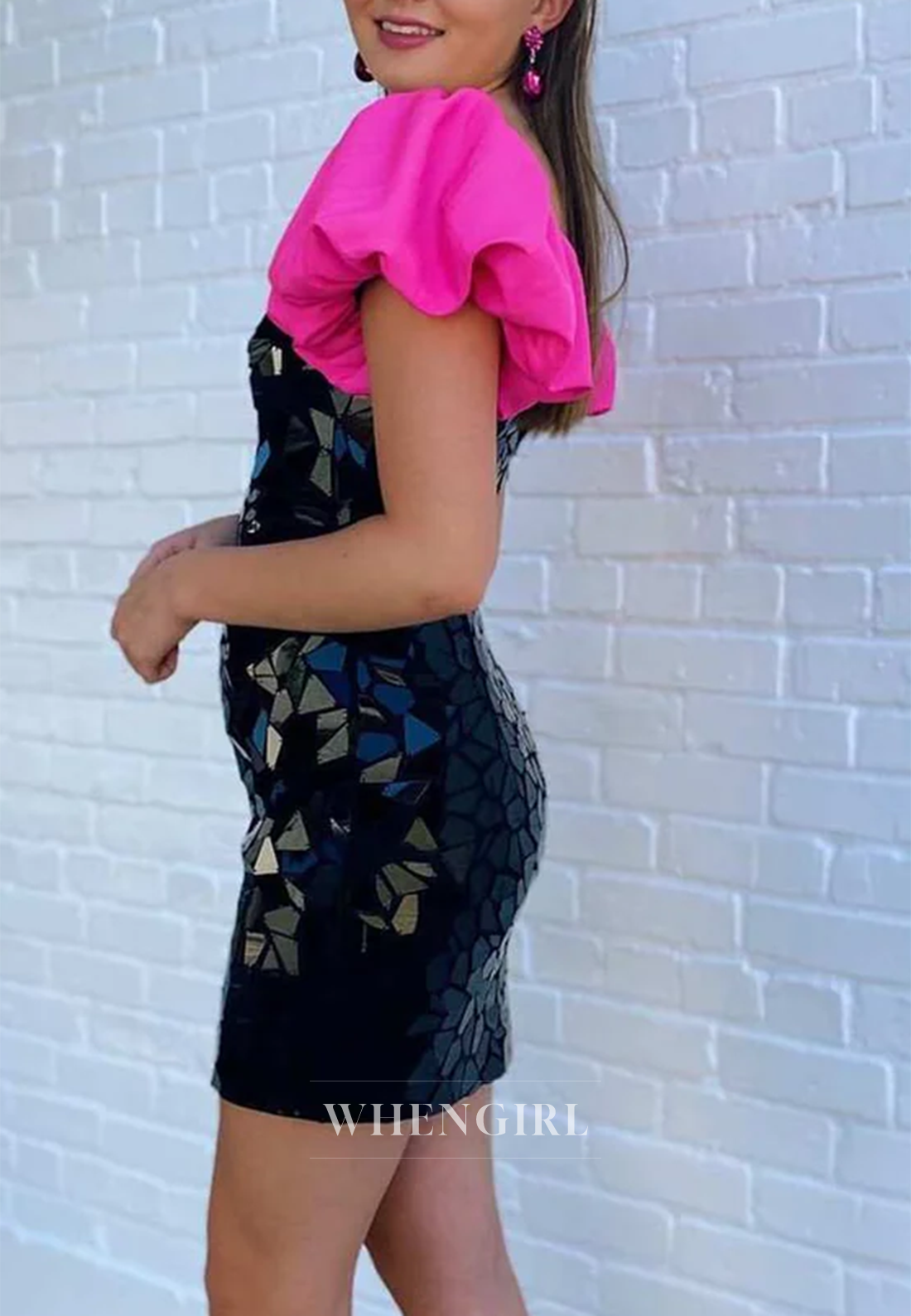 Sheath V Neck Cut Glass Mirro Short Puff Sleeves Back Zipper Homecoming Dress