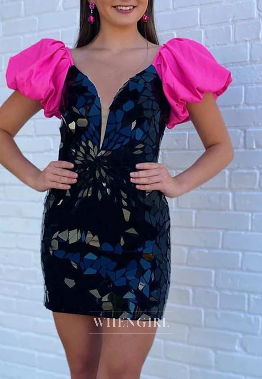 Sheath V Neck Cut Glass Mirro Short Puff Sleeves Back Zipper Homecoming Dress