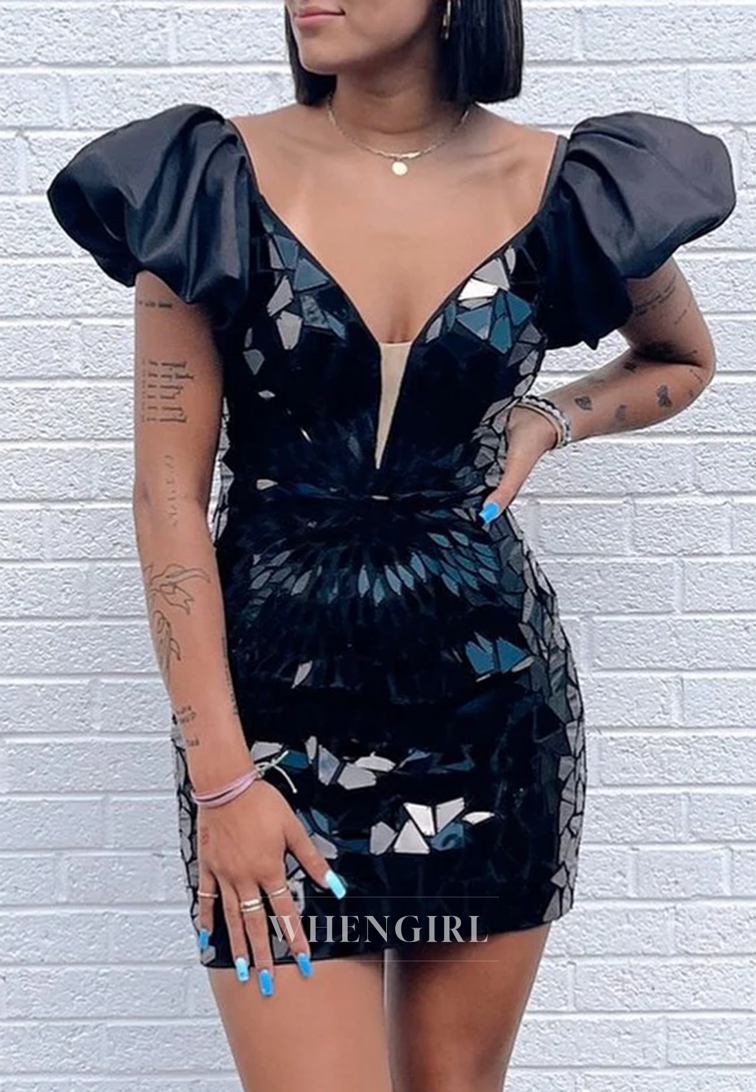Sheath V Neck Cut Glass Mirro Short Puff Sleeves Back Zipper Homecoming Dress