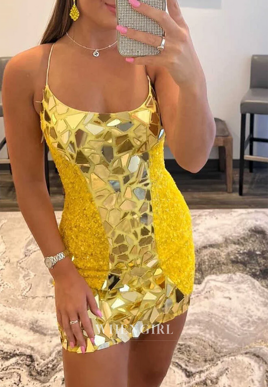 Marigold Sheath Spaghetti Straps Cut Glass Mirro Sleeveless Homecoming Dress