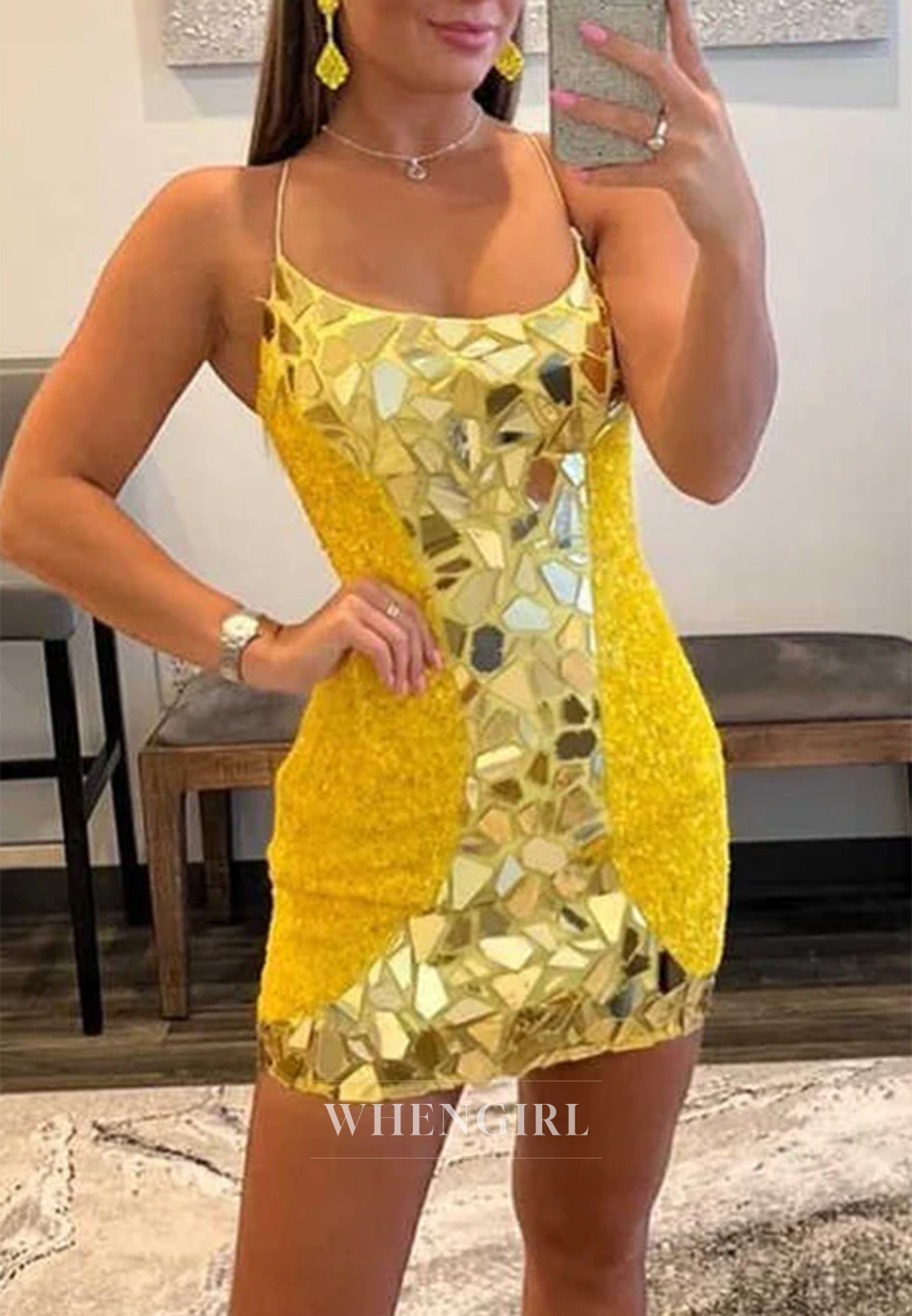 Marigold Sheath Spaghetti Straps Cut Glass Mirro Sleeveless Homecoming Dress