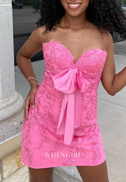 Bright Pink Sweetheart Sleeveless Appliqued Sheath Homecoming Dress