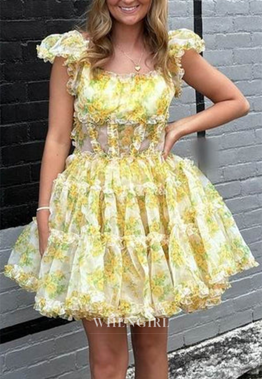 A-Line Scoop Neck Cap Sleeves Cut Out Back Short Homecoming Dress