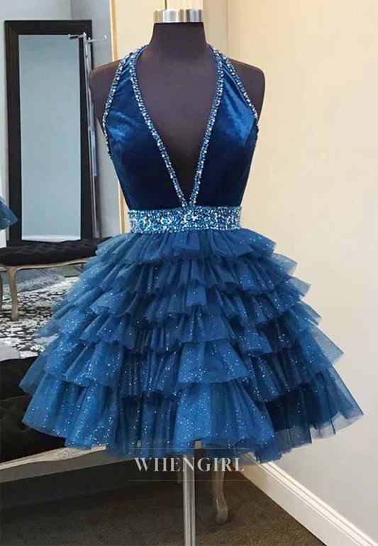 A-Line V Neck Sleeveless Halter Multi Tiered Beaded Short Homecoming Dress