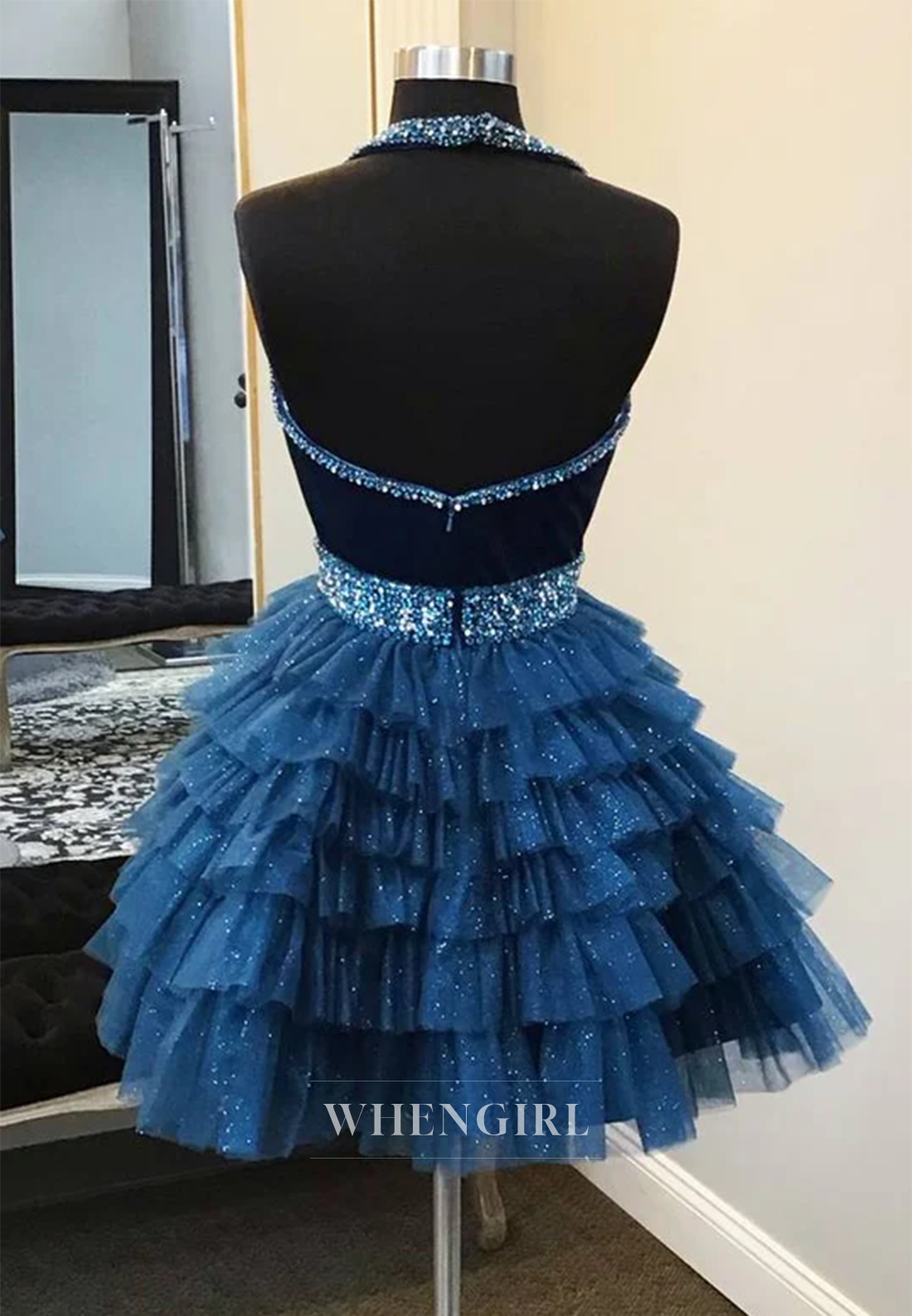 A-Line V Neck Sleeveless Halter Multi Tiered Beaded Short Homecoming Dress