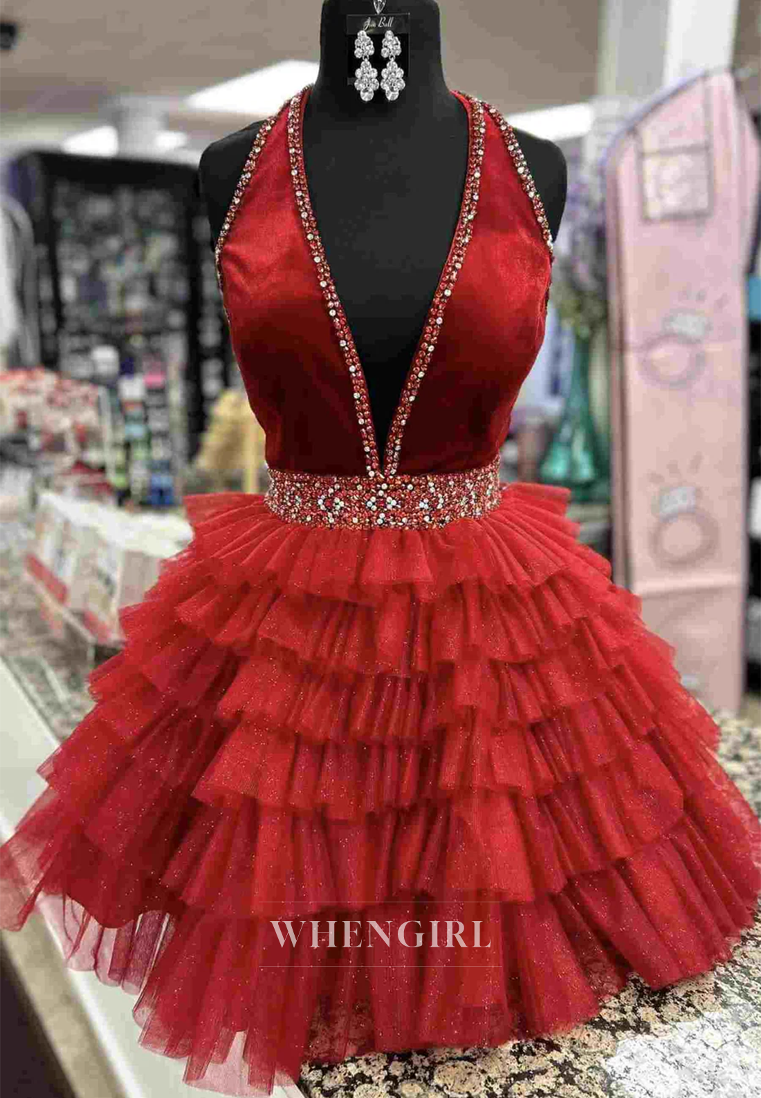 A-Line V Neck Sleeveless Halter Multi Tiered Beaded Short Homecoming Dress