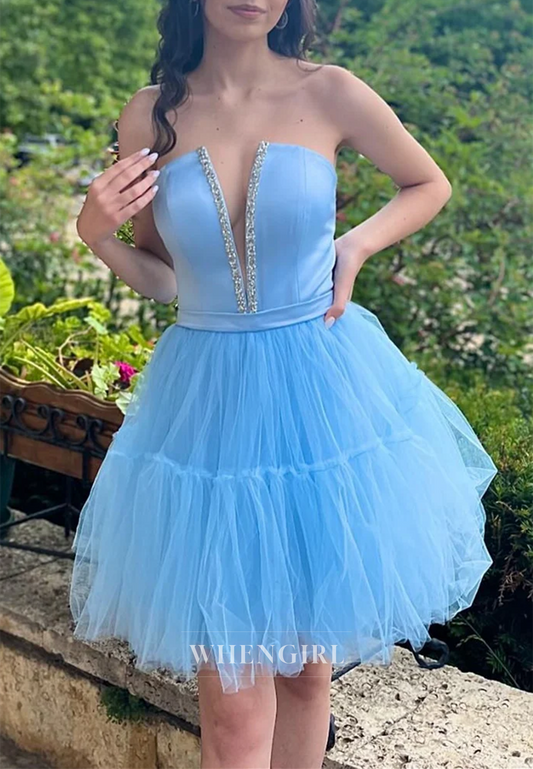 Blue V Neck Sleeveless Strapless Lace Up A-Line Short Homecoming Dress