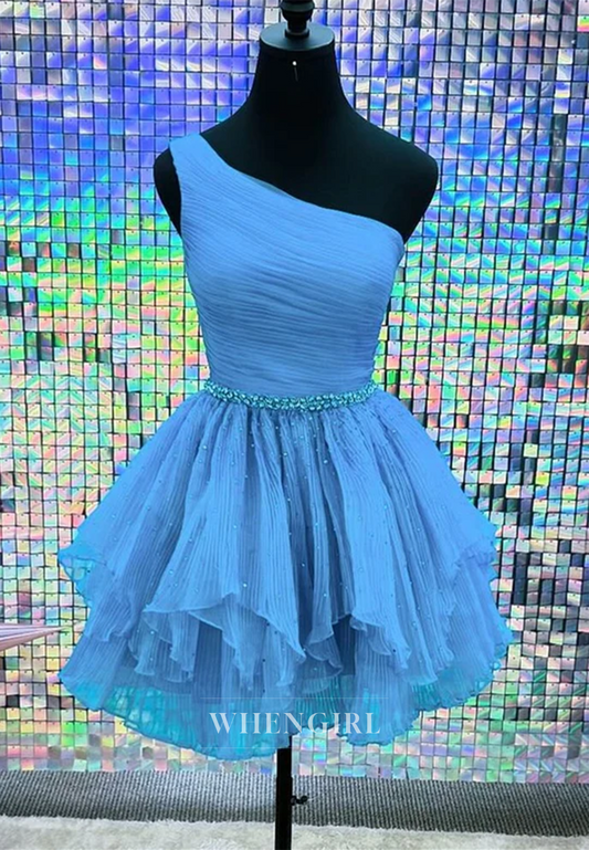 One Shoulder Pleated Beaded Asymmetrical Hem Sleeveless A-Line Homecoming Dress