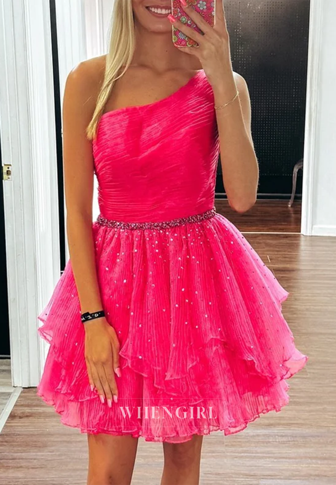 One Shoulder Pleated Beaded Asymmetrical Hem Sleeveless A-Line Homecoming Dress