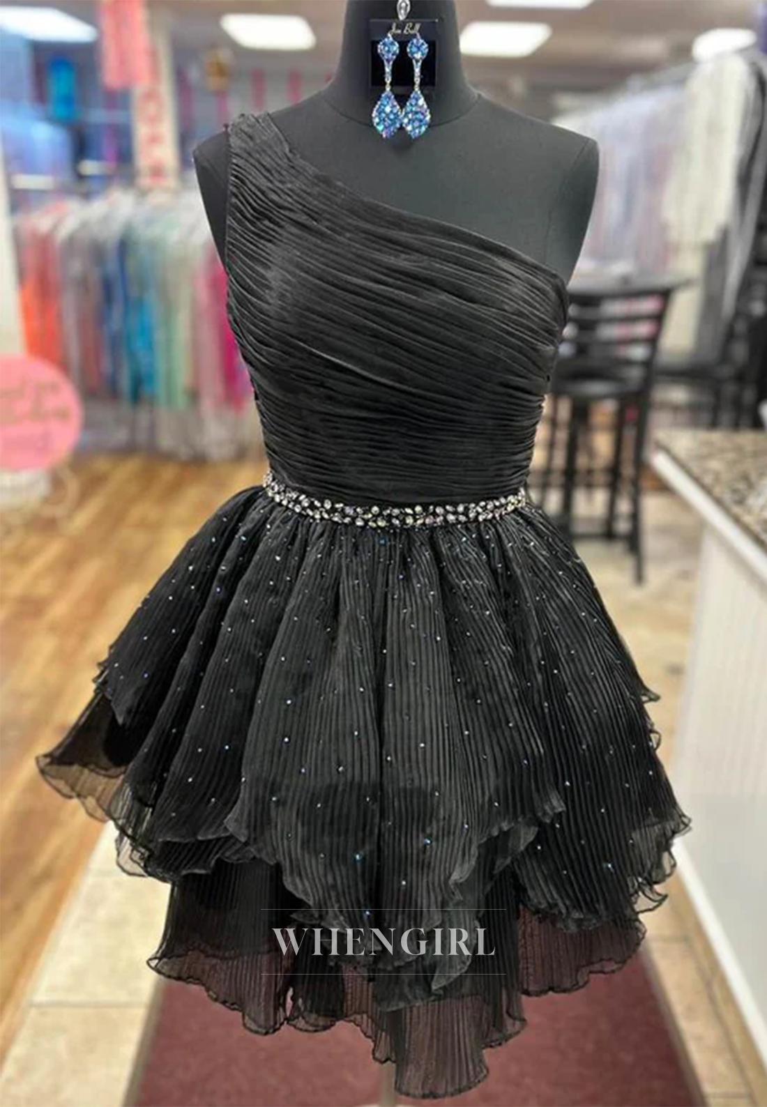 One Shoulder Pleated Beaded Asymmetrical Hem Sleeveless A-Line Homecoming Dress