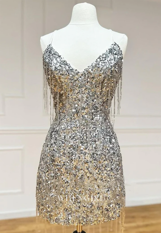 Sheath V Neck Sleeveless Tassel Cross Back Short Sequins Homecoming Dress