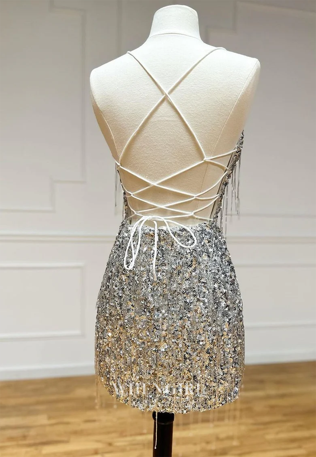 Sheath V Neck Sleeveless Tassel Cross Back Short Sequins Homecoming Dress