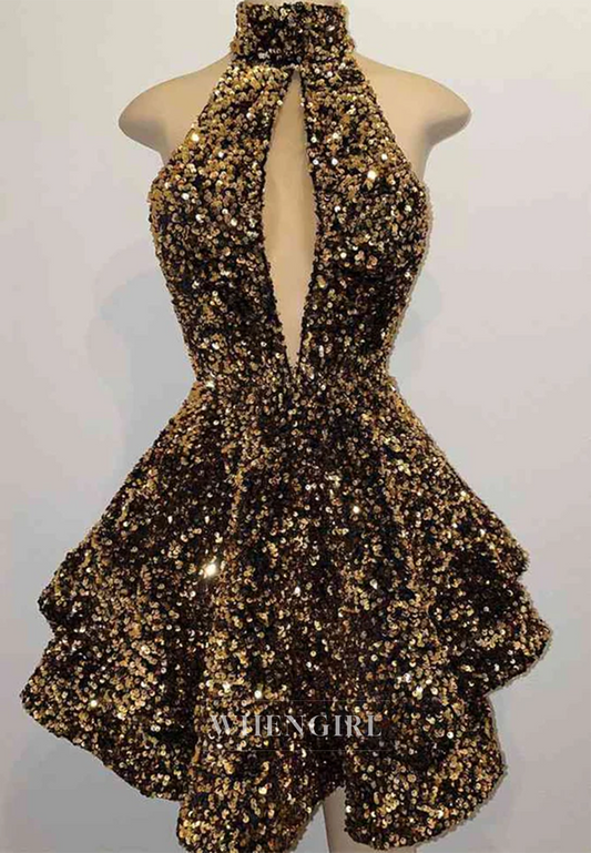 A-Line Halter Sequins Sleeveless Cut Out Ruffles Back Zipper Homecoming Dress