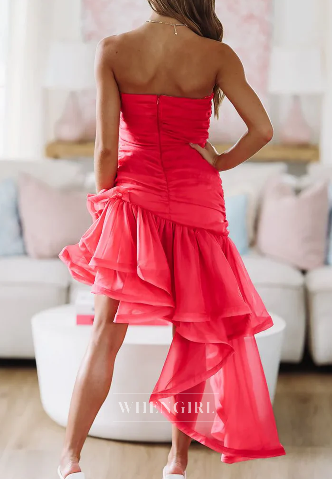 Red V Neck Sleeveless Pleated Ruffles Back Zipper Asymmetrical Hem Homecoming Dress