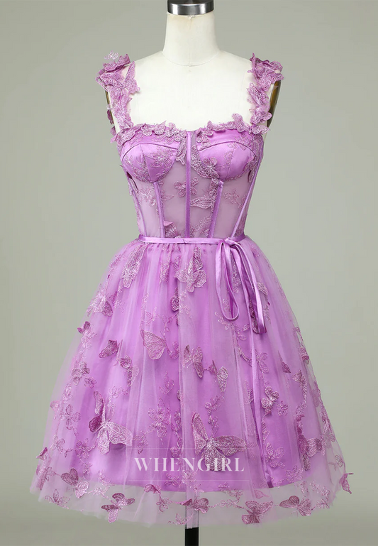 Purple Sweetheart Sleeveless Appliqued Butterfly Tulle A-Line Lace Up Homecoming Dress
