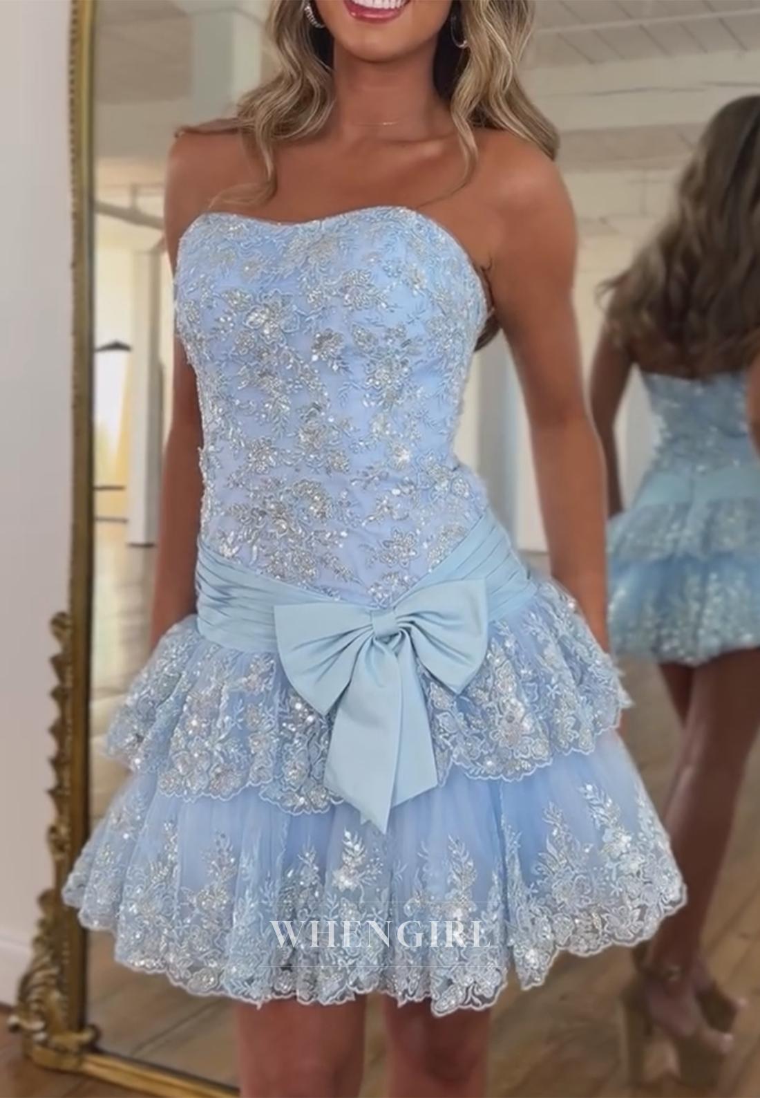 Tube Top Sleeveless Bowknot Beaded Lace Sheath Back Zipper Homecoming Dress
