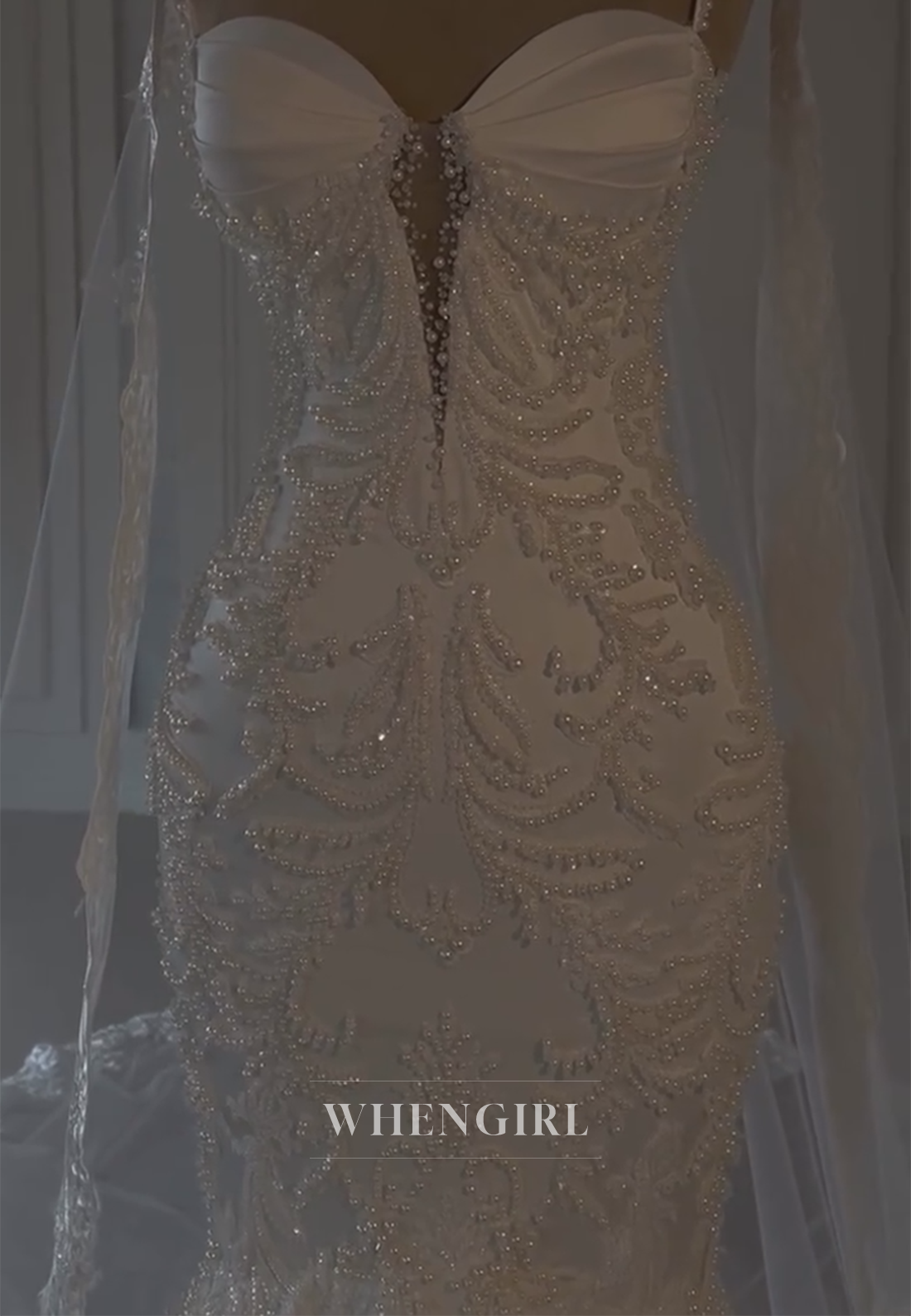 Sweetheart Pearls Beading Sleeveless Mermaid Wedding Dress with Sweep Train