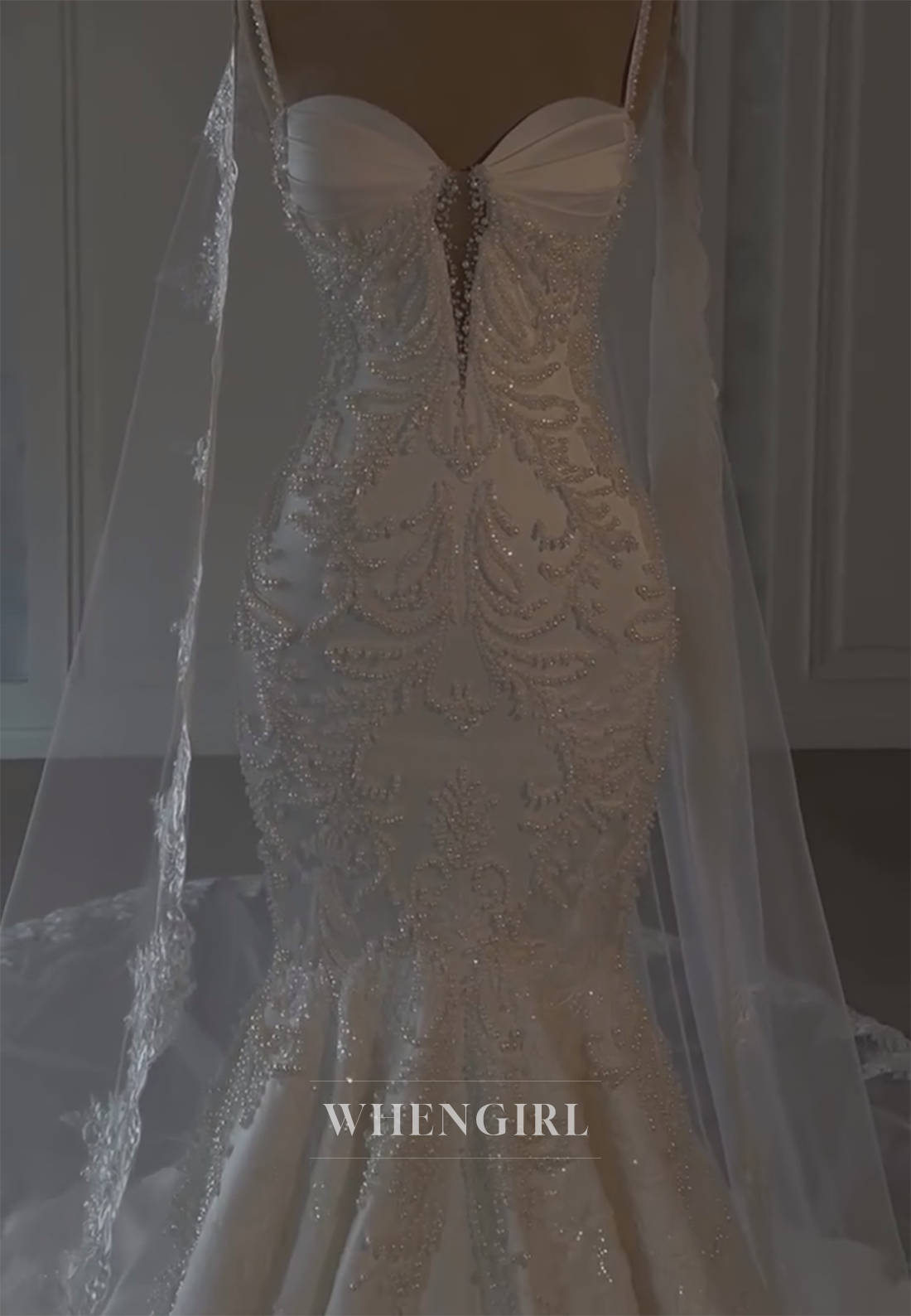 Sweetheart Pearls Beading Sleeveless Mermaid Wedding Dress with Sweep Train