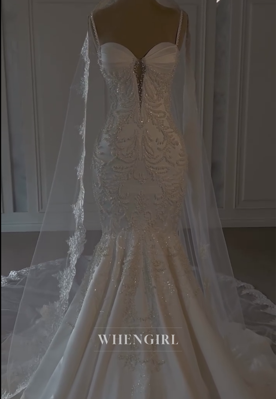 Sweetheart Pearls Beading Sleeveless Mermaid Wedding Dress with Sweep Train