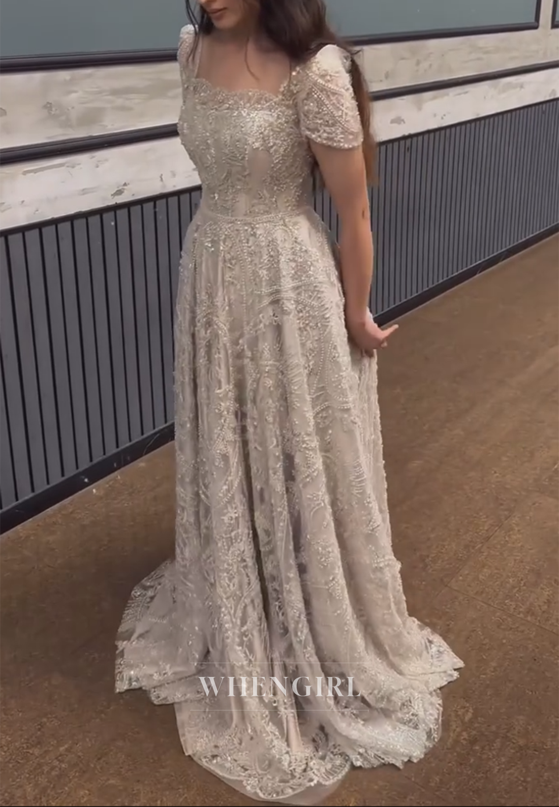 Gorgeous A-Line Sand Square Neck Short Sleeves Beaded Formal Evening Dress