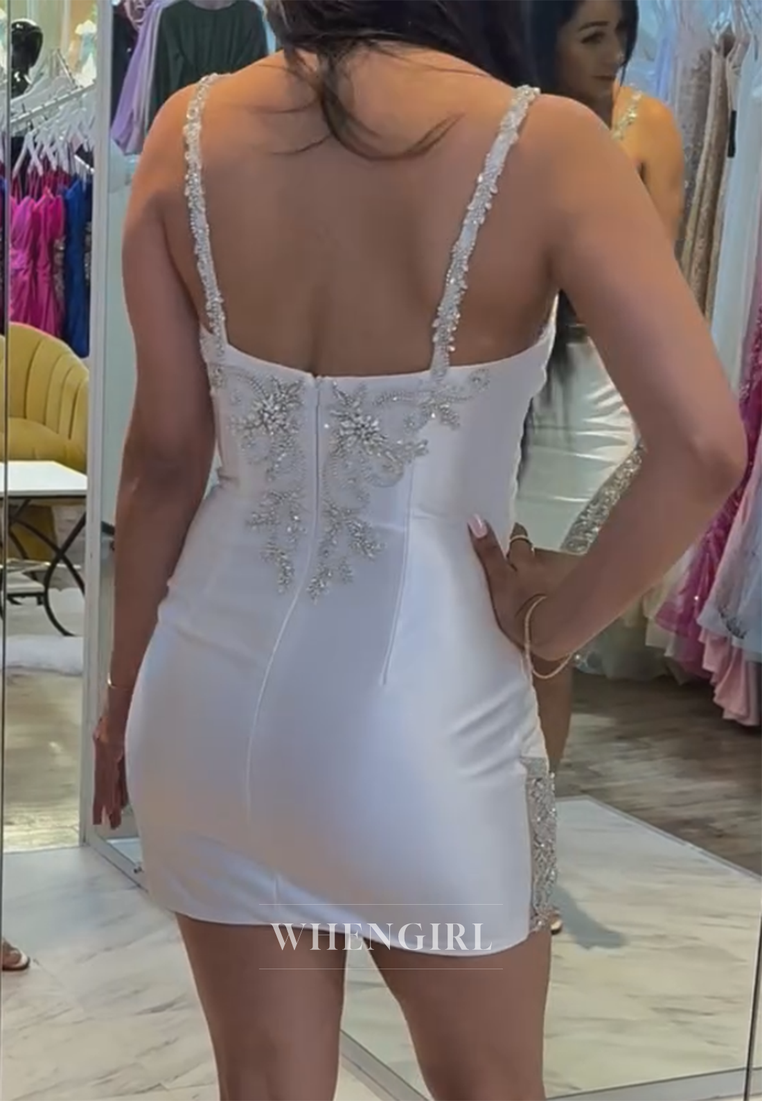 White V Neck Sleeveless Beaded Straps Back Zipper Sheath Pleated Short Homecoming Dress
