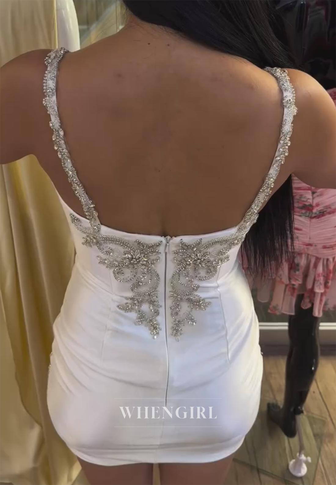 White V Neck Sleeveless Beaded Straps Back Zipper Sheath Pleated Short Homecoming Dress