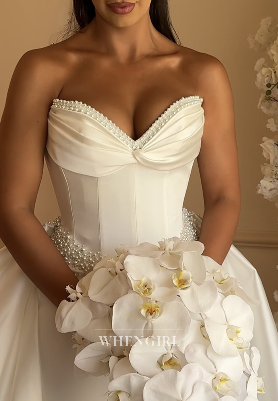 Sheath Pearls Beaded Sweetheart Sleeveless Removable Chapel Trian Wedding Dress