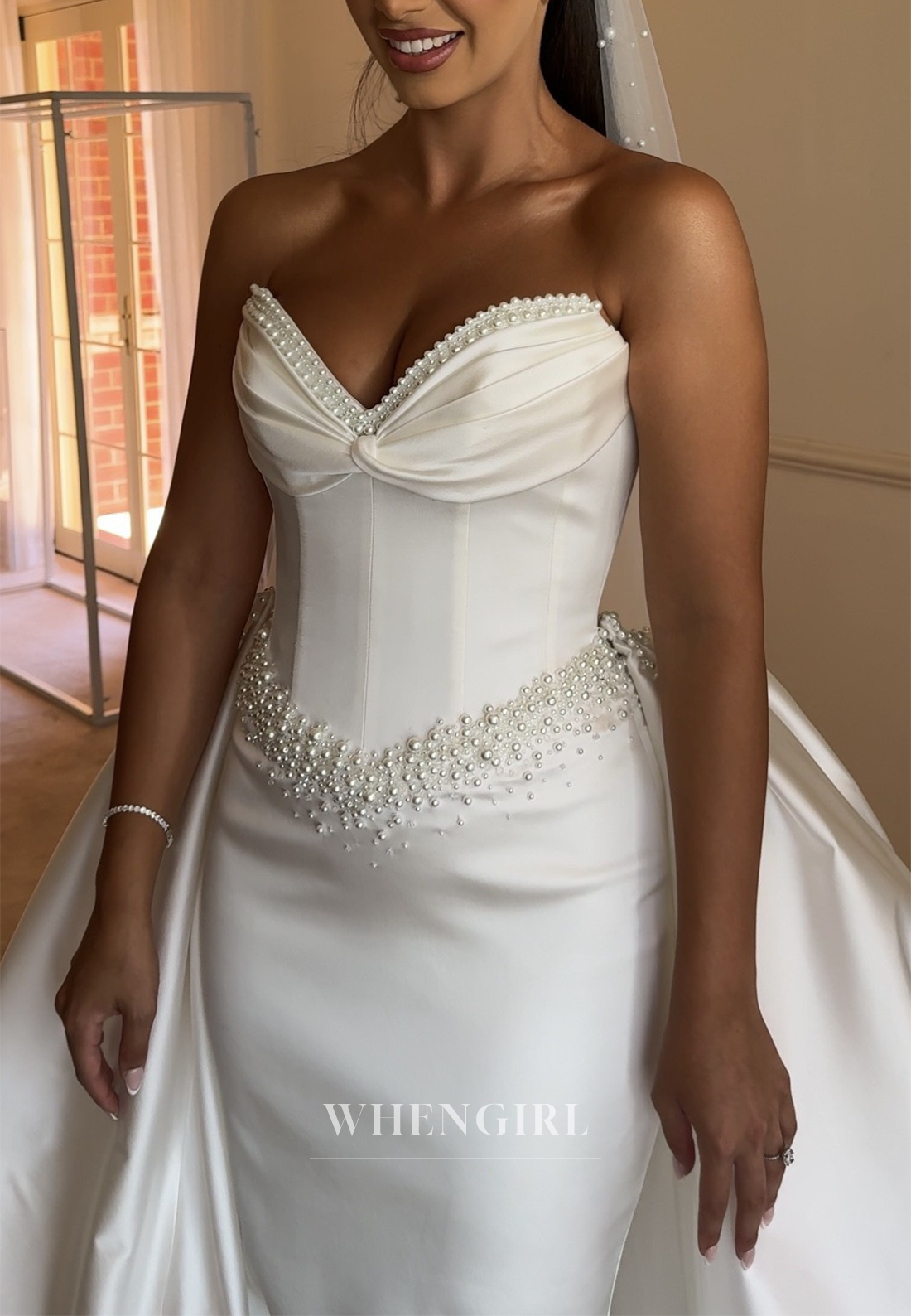 Sheath Pearls Beaded Sweetheart Sleeveless Removable Chapel Trian Wedding Dress